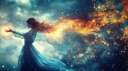 ethereal woman with cosmic aura manipulating starry energy streams flowing garments and hair blend with swirling galaxy patterns dreamy celestial atmosphere with soft magical lighting