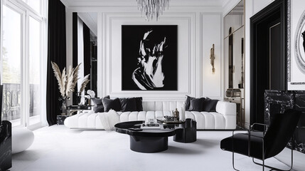 A glamorous, minimalist living room styled in all-white with sharp black decor accents. The open layout and sleek furniture make this room feel spacious, luxurious, and fashionably bold