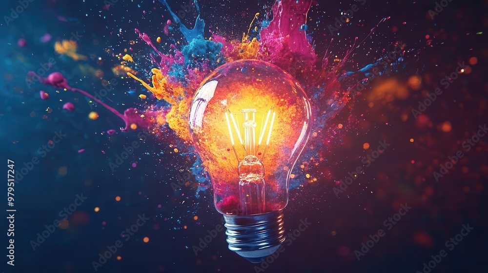 Aufkleber exploding light bulb shattering into vibrant paint splashes and color particles symbolizing creative