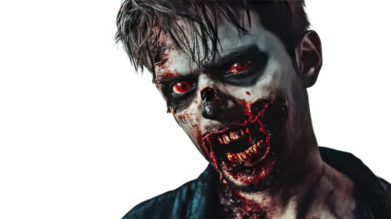 A spooky Halloween portrait of a woman with a devilish mask, featuring dark, horror-themed makeup and a scary, monstrous expression