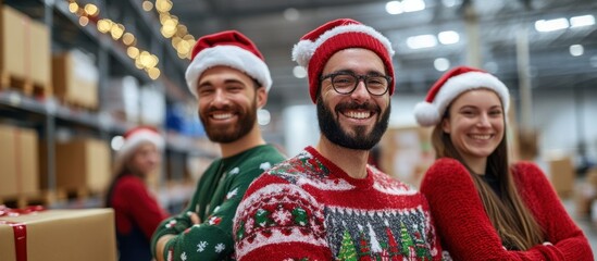 Happy trio in Christmas-themed clothing in warehouse