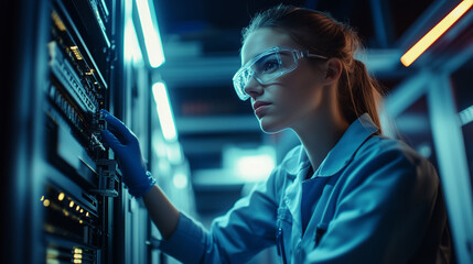 Female IT technician standing near rack and running maintenance program on a laptop, Controlling the optimal operation of operating server, In the data center