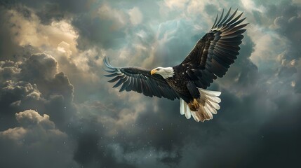 Fototapeta premium Eagle Soaring Through a Dramatic Cloudy Sky: A Majestic Flight