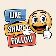 A thumbs-up emoji giving a double thumbs-up next to “Like, Share, Follow” signs, cartoon illustration