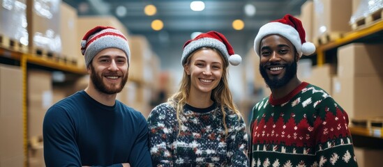 Cheerful group in Christmas sweaters at storage facility