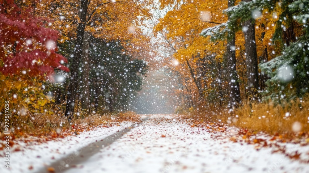 Poster snowfall on a path through a forest of fall foliage
