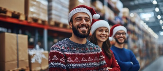 Fototapeta premium Three colleagues joyously posed in a holiday setting.