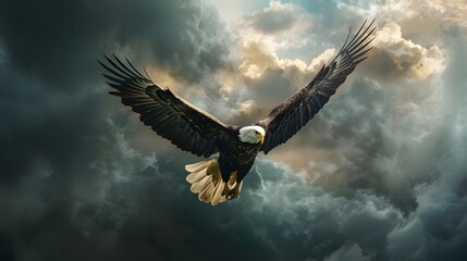 Naklejka premium Eagle Soaring Through a Dramatic Cloudy Sky: A Majestic Flight