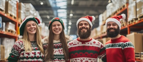Fototapeta premium Two men and two women posing in festive sweaters.