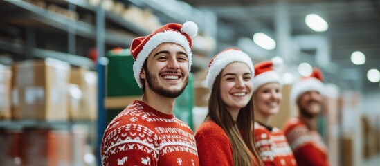 Team in Santa hats smiling at warehouse premises.