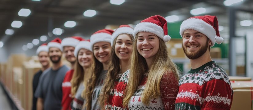 Large smiling group in festive wear in warehouse.