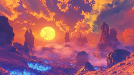Fototapeta premium fantastical alien planet landscape swirling iridescent clouds bioluminescent flora otherworldly terrain with impossible geological formations vibrant dreamlike atmosphere