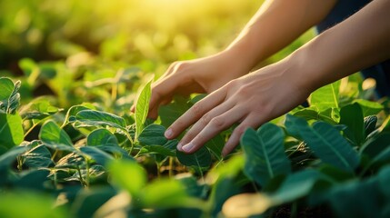 farmer inspecting young soybean plants in vast green field closeup of hands gently touching leaves golden sunlight and blue sky agricultural technology and sustainable farming concept