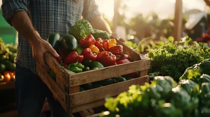 farmers market scene with diverse fresh produce man holding rustic wooden crate overflowing with vibrant vegetables sunlight streaming through canopy