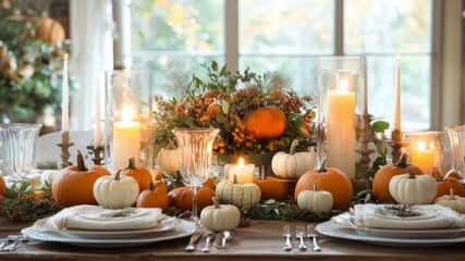 Autumnal Table Setting with Pumpkins and Candles