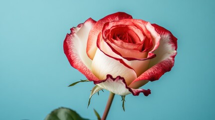 A stunning red and white rose in full bloom, standing out against a soft light blue background, showcasing its vibrant and elegant beauty