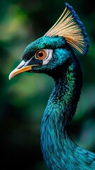 Obraz premium A peacock's head with a single feather against a green backdrop