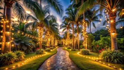 romantic whimsical night tropical garden pathway lined with sparkling fairy lights majestic palm trees warm golden lighting soft focus surreal dreamy captivating scene