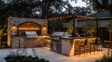 A high-end outdoor kitchen featuring a stone oven, built-in grill, and a sleek, modern bar with ambient lighting for nighttime dining