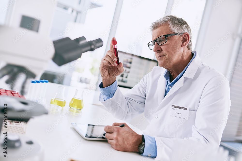 Poster blood sample, reading label and science with man in laboratory at desk for breakthrough, innovation 