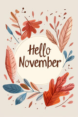 Hello november text with autumn leaves and scattered elements, background