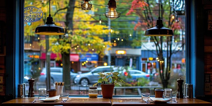 A cozy urban cafe with a large window view showcasing a rainy city street adorned with autumn foliage and colorful buildings in the background