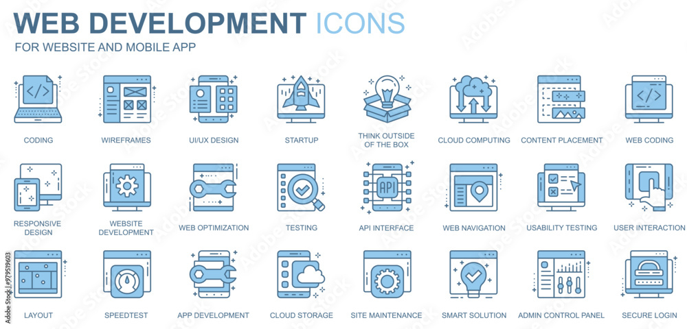 Aufkleber web development icons set in duotone line design. pack of coding, ui, ux, startup, cloud computing, 