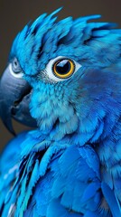 Fototapeta premium A tight shot of a blue parrot's face with a yellow-eyed bird in the foreground