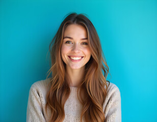 Obraz premium A young Caucasian woman with long brown hair smiling against a bright blue background. Generative AI