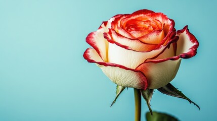 Gorgeous red and white rose, petals unfolding gracefully, set against a light blue background, creating a visually captivating floral image