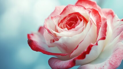 Stunning close-up of a red and white rose in full bloom, with soft light blue background highlighting the flower's vibrant colors and delicate petals