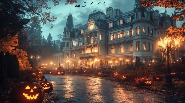 Haunted Hotel Extravaganza, an eerie establishment adorned with intricate Halloween decorations, evokes a chilling atmosphere filled with ghostly charm and festive allure.