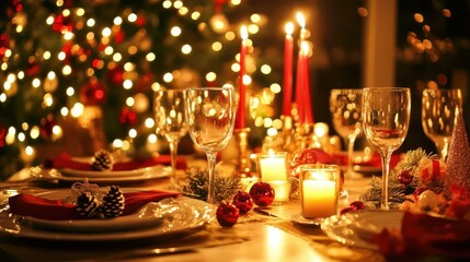 festive christmas dinner table elegant place settings warm candlelight traditional holiday decorations cozy atmosphere