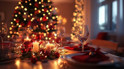 festive christmas dinner table with glowing tree and decorative lights creating a warm and inviting atmosphere aigenerated illustration