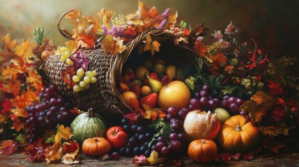 Fototapeta premium Autumnal Still Life with a Wicker Basket Overflowing with Fruit and Fall Leaves