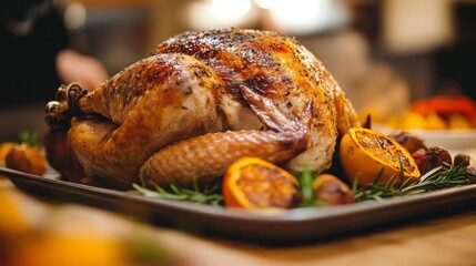 Roasted Turkey with Orange Slices and Rosemary Garnishes