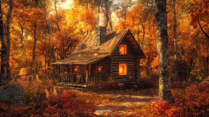 Cozy Log Cabin Nestled in a Vibrant Autumn Forest