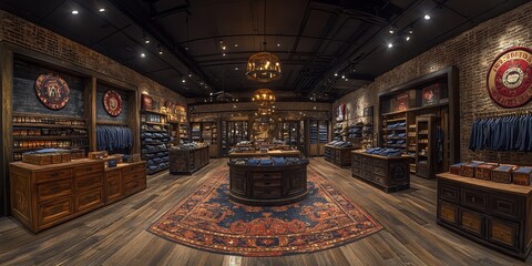 A beautifully designed, rustic interior of a modern retail clothing store featuring wooden fixtures and shelves, vintage decor, and an oriental rug