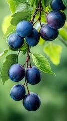 Fototapeta premium Blue plums dangle from a tree branch, surrounded by vibrant green leaves Water droplets glisten on the foliage above
