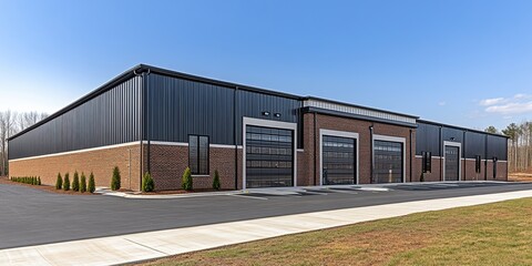 Obraz premium A modern, large industrial building with a black and brick exterior, featuring multiple garage-style doors and spacious parking area under a clear blue sky