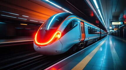 A modern high-speed train with sleek aerodynamic design, featuring vibrant orange accents, speeds through a futuristic train station platform illuminated with neon lights