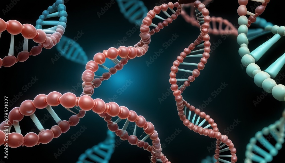 Poster a 3d rendering of intertwined dna strands set against a dark background. the detailed and realistic 