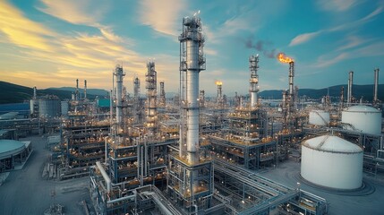 industrial area oil and gas LPG refinery plants and stores pipeline, Liquefied natural gas plant, Territory of the LNG factory, Landscape of oil refinery industrial area.
