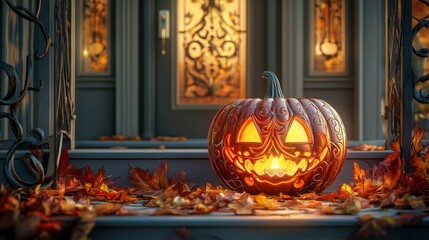 Obraz premium A Glowing Carved Pumpkin on a Porch with Autumn Leaves