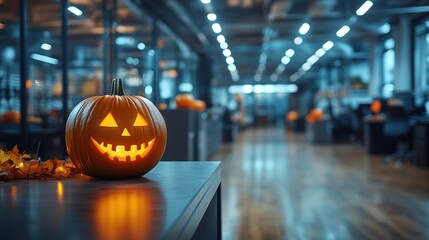 A festive Halloween-themed office with a carved pumpkin jack-o'-lantern glowing brightly on a desk amidst modern interiors and the seasonal decor around