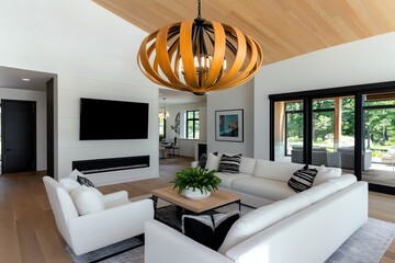 A chandelier with a mix of wood and metal, suspended in a modern coastal home, complementing light, airy decor