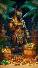Fototapeta premium The temple with palm trees and a statue of a god, game background, Anubis, Illustration