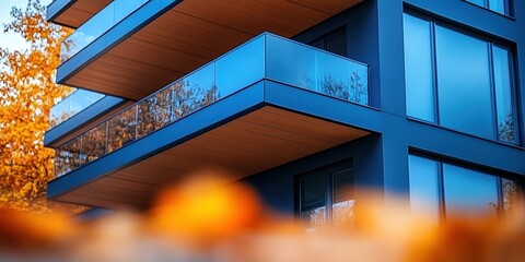Fototapeta premium Modern architectural detail of blue residential building with glass balconies reflecting autumn trees, emphasizing a blend of nature and urban living