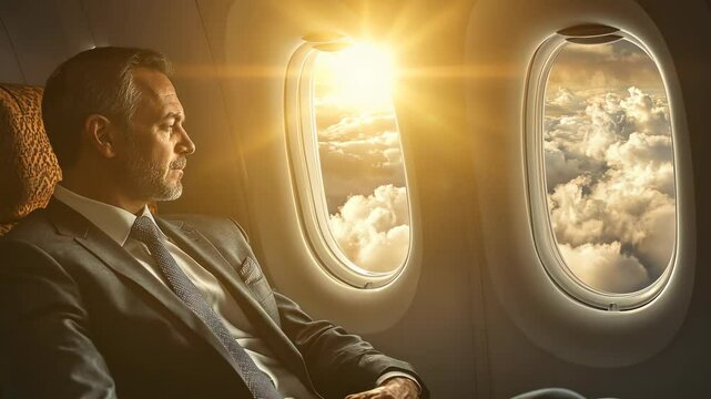 Business traveler gazes out airplane window during a scenic flight in late evening light with clouds below