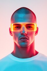 Artistic man in orange lit glasses vivid portrait.